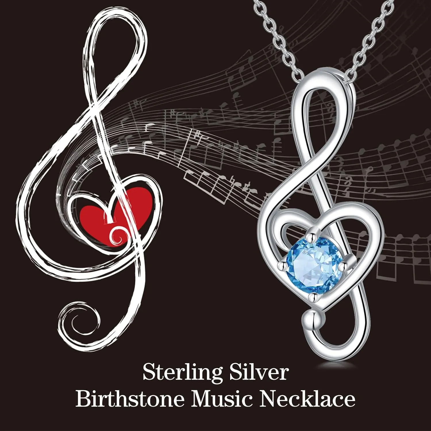 Music Note Necklaces for Women Sterling Silver 12 Birthstone Musical Necklace Jewelry Birthday Gifts Music Lovers Student Teacher