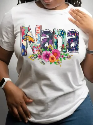Nana & Floral Print Short Sleeve Crew Neck Top - Women's T-shirt for Spring & Summer