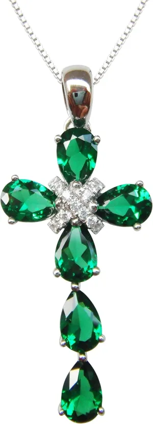 Navachi 925 Sterling Silver 18k White Gold Plated 2.5ct Pear Emerald Ruby Sapphire Cross Crucifix Necklace Pendant 18"