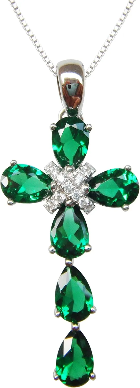Navachi 925 Sterling Silver 18k White Gold Plated 2.5ct Pear Emerald Ruby Sapphire Cross Crucifix Necklace Pendant 18"