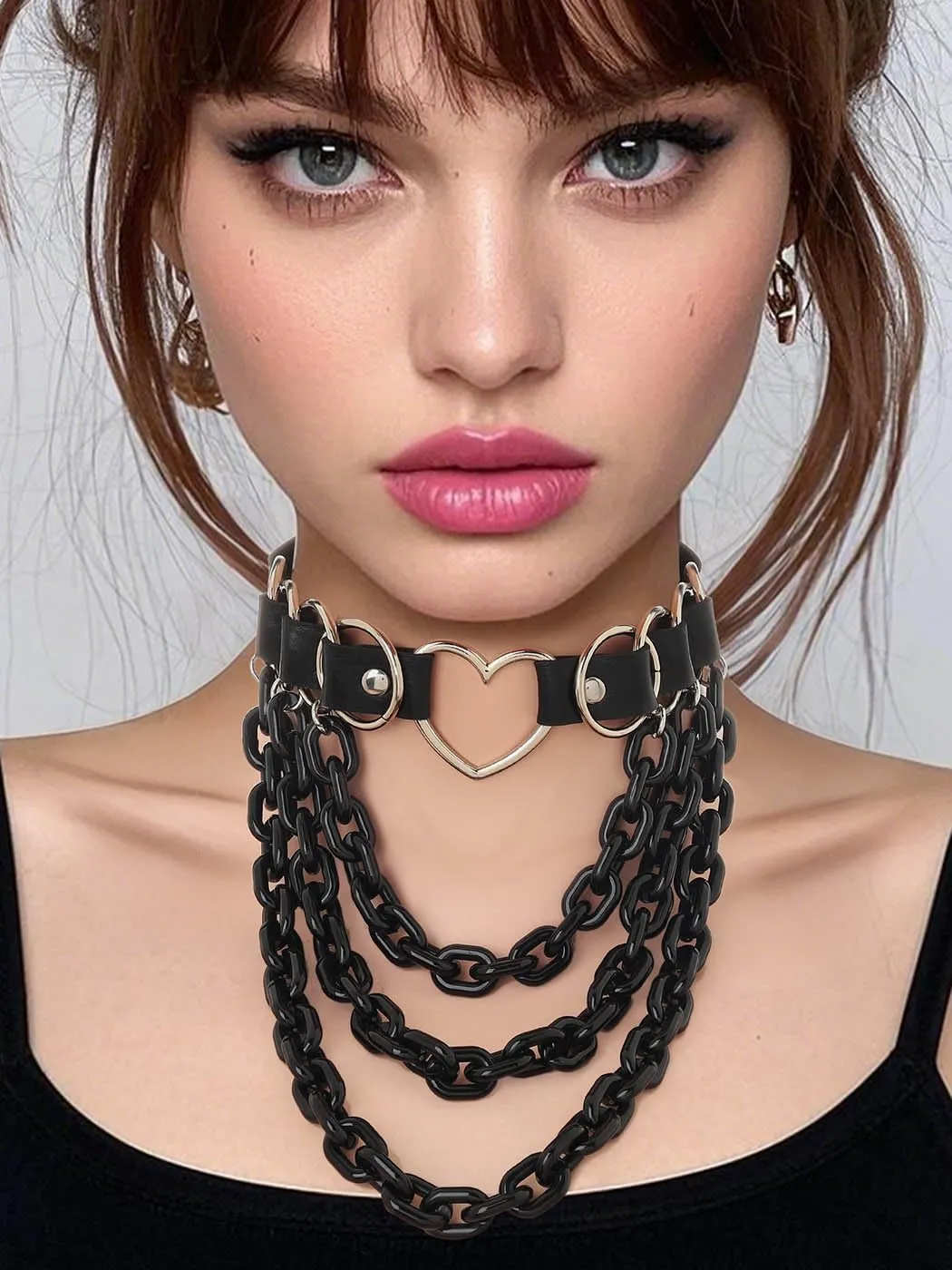 Navoky Punk Leather Choker Multilayered Acrylic Chain Heart Circle Necklace Gothic Layered Chain Collar Metal Ring Necklaces Adjustable Party Rave Accessories for Women