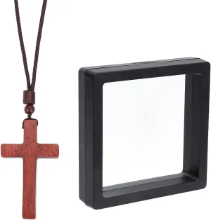 NBEADS 2.28x1.32 Inch Wood Cross Necklace, 27.56 inch long Easter Themed Crucifix Necklace with Jewelry Display Box Cross Chain Pendant with Imitation Leather Cords for Men Women Gift