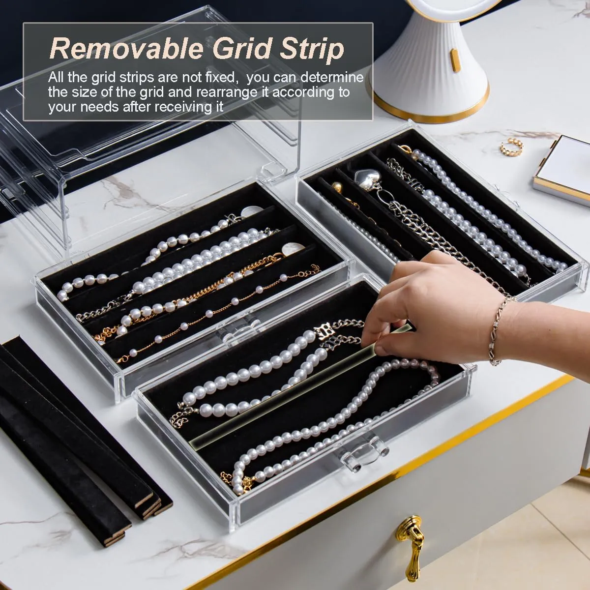 Necklace Holder Organizer, Dustproof Necklace Box Velvet Necklace Organizer Box with Lid Clear Acrylic Dustproof Stackable Jewelry Displays for Necklaces Chain Display (Black, 3 Drawer)