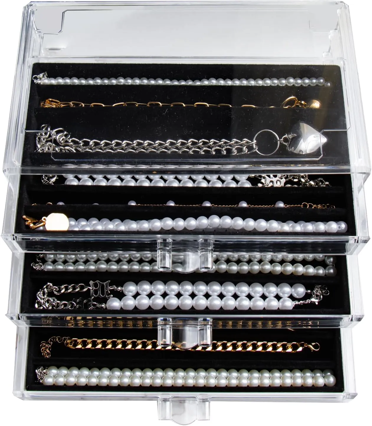 Necklace Holder Organizer, Dustproof Necklace Box Velvet Necklace Organizer Box with Lid Clear Acrylic Dustproof Stackable Jewelry Displays for Necklaces Chain Display (Black, 3 Drawer)