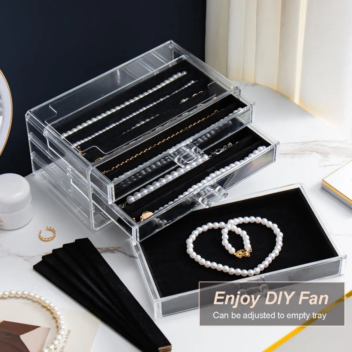 Necklace Holder Organizer, Dustproof Necklace Box Velvet Necklace Organizer Box with Lid Clear Acrylic Dustproof Stackable Jewelry Displays for Necklaces Chain Display (Black, 3 Drawer)