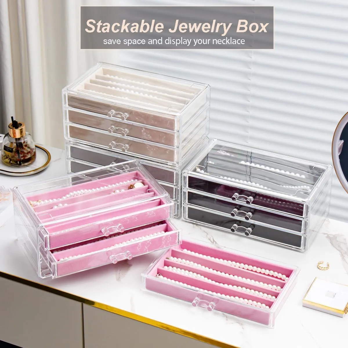 Necklace Holder Organizer, Dustproof Necklace Box Velvet Necklace Organizer Box with Lid Clear Acrylic Dustproof Stackable Jewelry Displays for Necklaces Chain Display (Black, 3 Drawer)