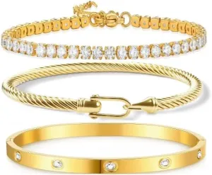 NEKVFO 18K Gold Plated Love Bracelet Set, Zircon Adjustable Bracelet Horseshoe Buckle Cable Bracelet, 3-Piece Women's Stackable Gold Bracelet Jewelry Set
