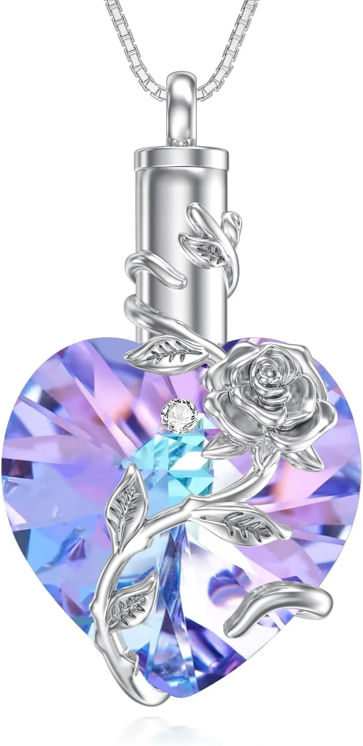 OCJ Heart Rose Flower Urn Necklace for Ashes Women Birthstone Cremation Necklaces Sterling Silver Memorial Cremation Jewelry Gifts