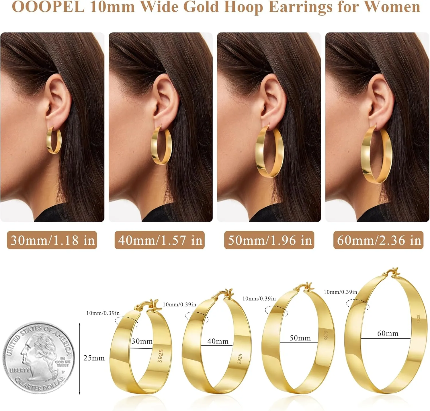 OOOPEL 10mm Wide 925 Sterling Silver Hoops Earrings for Women, 14K Real Gold Plated Hoop Earrings for Women Hypoallergenic Lightweight Oversize Big Gold Hoop Earrings Jewelry Gifts 30/40/50/60MM