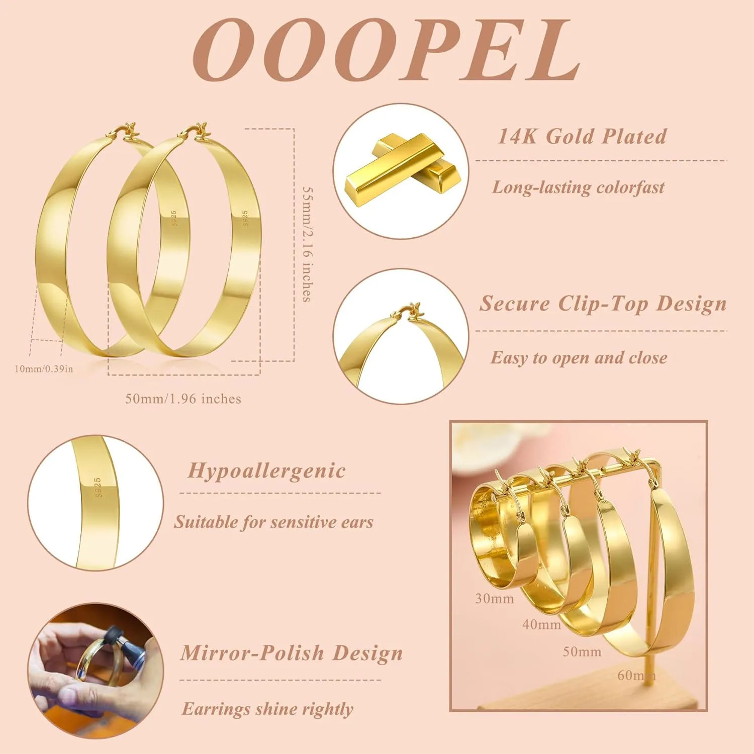 OOOPEL 10mm Wide 925 Sterling Silver Hoops Earrings for Women, 14K Real Gold Plated Hoop Earrings for Women Hypoallergenic Lightweight Oversize Big Gold Hoop Earrings Jewelry Gifts 30/40/50/60MM