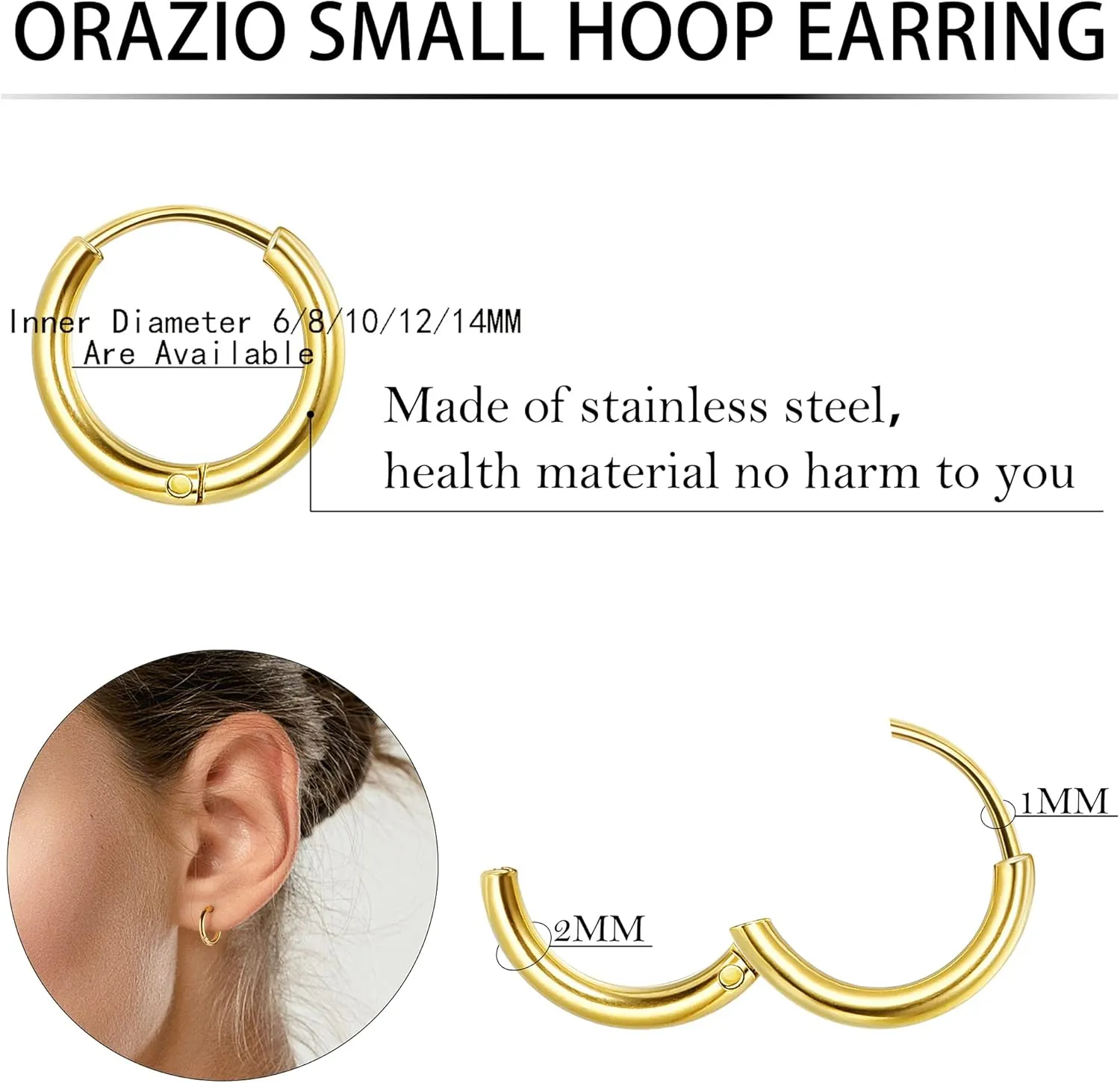 ORAIZO Small Stainless Steel Hoop Earrings for Women 12Pairs Huggie Cartilage Hoop Earrings for Men Helix Daith Tragus Ear Piercings Jewelry for Multiple Piercing Silver Gold Sleeper Earrings 8mm/10mm Earrings Set