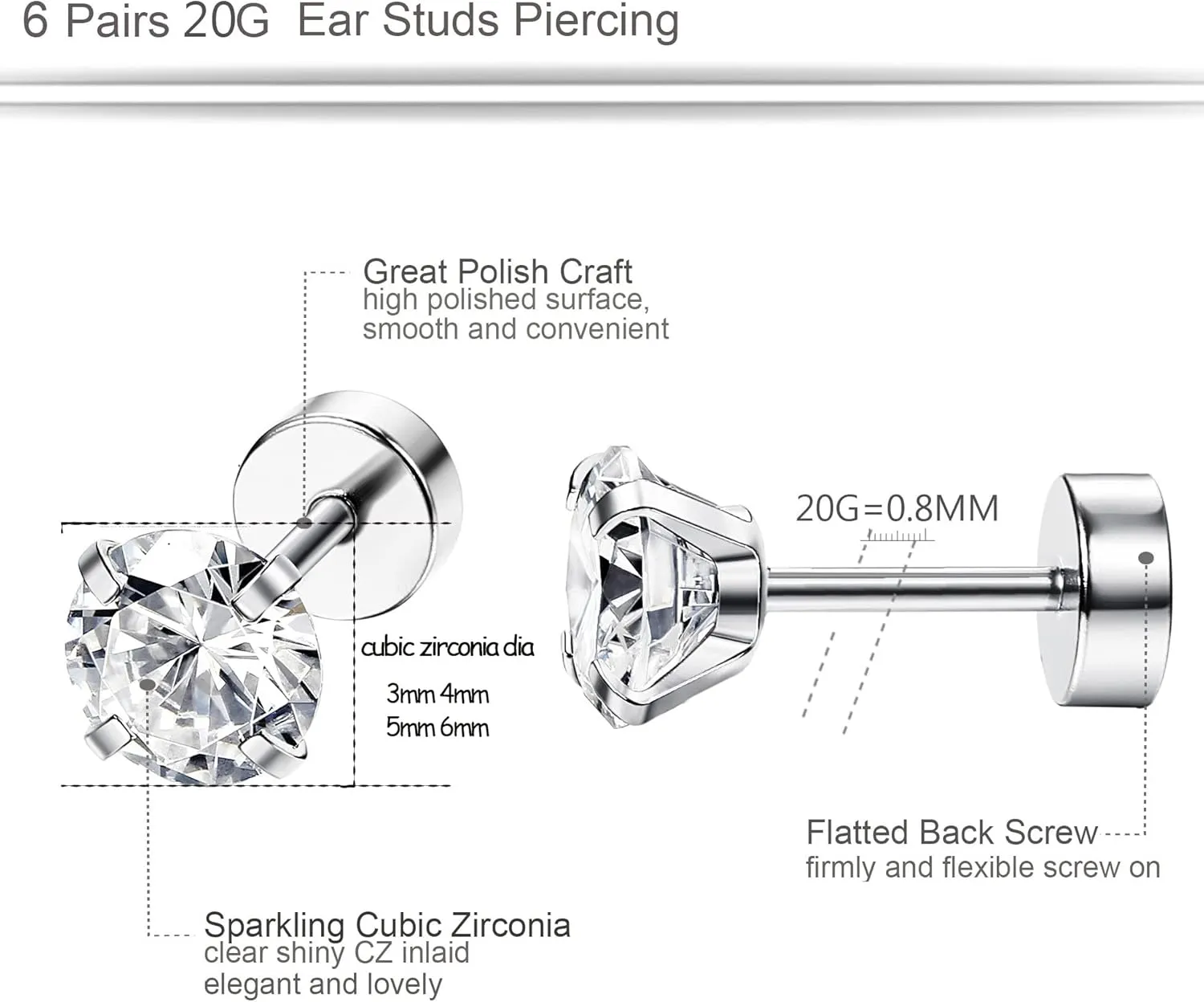 ORAZIO 6Pairs Hypoallergenic Flat Back Earrings 316L Stainless Steel Studs for Sensitive Ears, 3-8mm Cubic Zirconia, Stylish Jewelry for Women Men - Silver