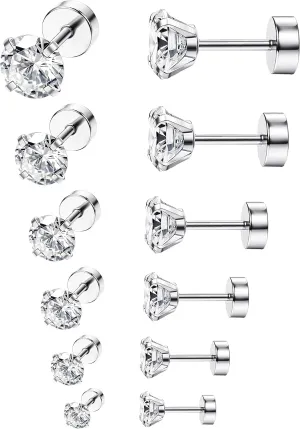 ORAZIO 6Pairs Hypoallergenic Flat Back Earrings 316L Stainless Steel Studs for Sensitive Ears, 3-8mm Cubic Zirconia, Stylish Jewelry for Women Men - Silver