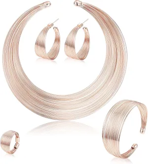 ORAZIO Bib Choker Statement Necklaces for Women Cuff Bracelet Open Hoop Stud Earrings Ring African Chunky Costume Jewelry Set