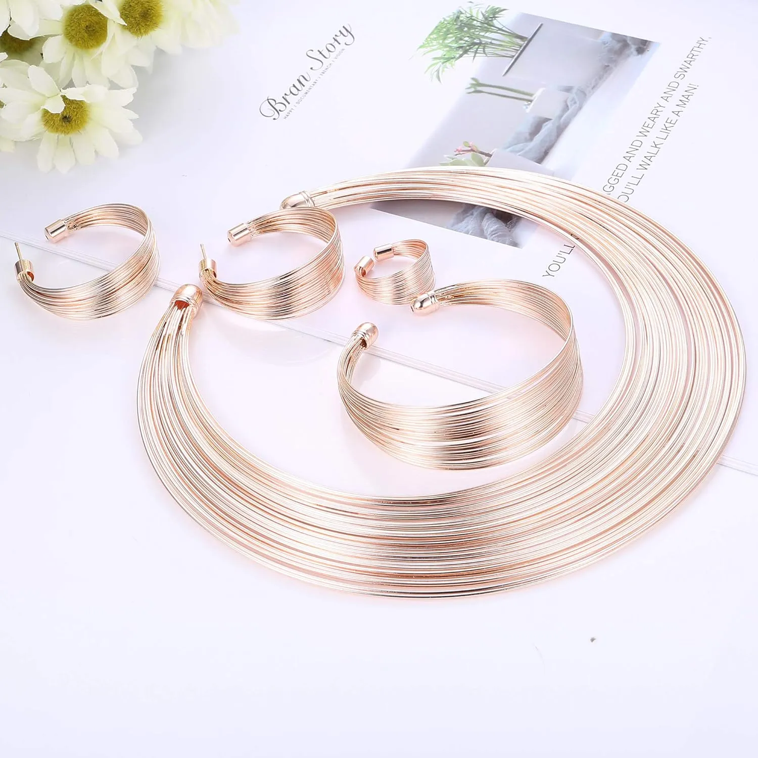 ORAZIO Bib Choker Statement Necklaces for Women Cuff Bracelet Open Hoop Stud Earrings Ring African Chunky Costume Jewelry Set