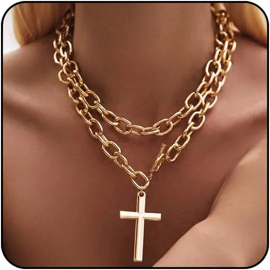 Otxas Chunky Gold Necklace for Women Big Cross Necklaces Vintage Punk Cuban Chain Gold Layered Chunky Necklace Jewelry