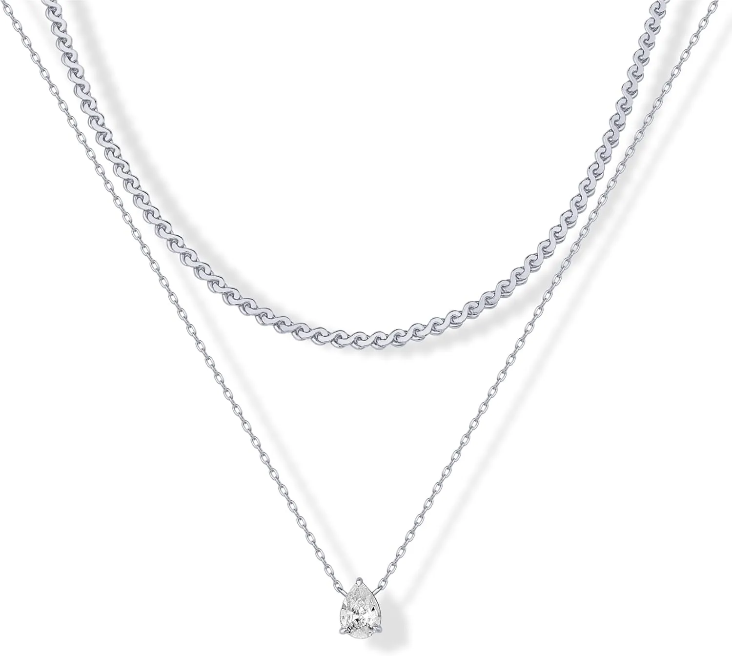 PAVOI 14K Gold Plated Twisted Singapore Chain Layering Choker with Round Solitaire and Serpentine Chain Layering Choker with Pear-Cut Stone Pendant Necklace Pack for Women | Cubic Zirconia Statement Layered Necklace Set