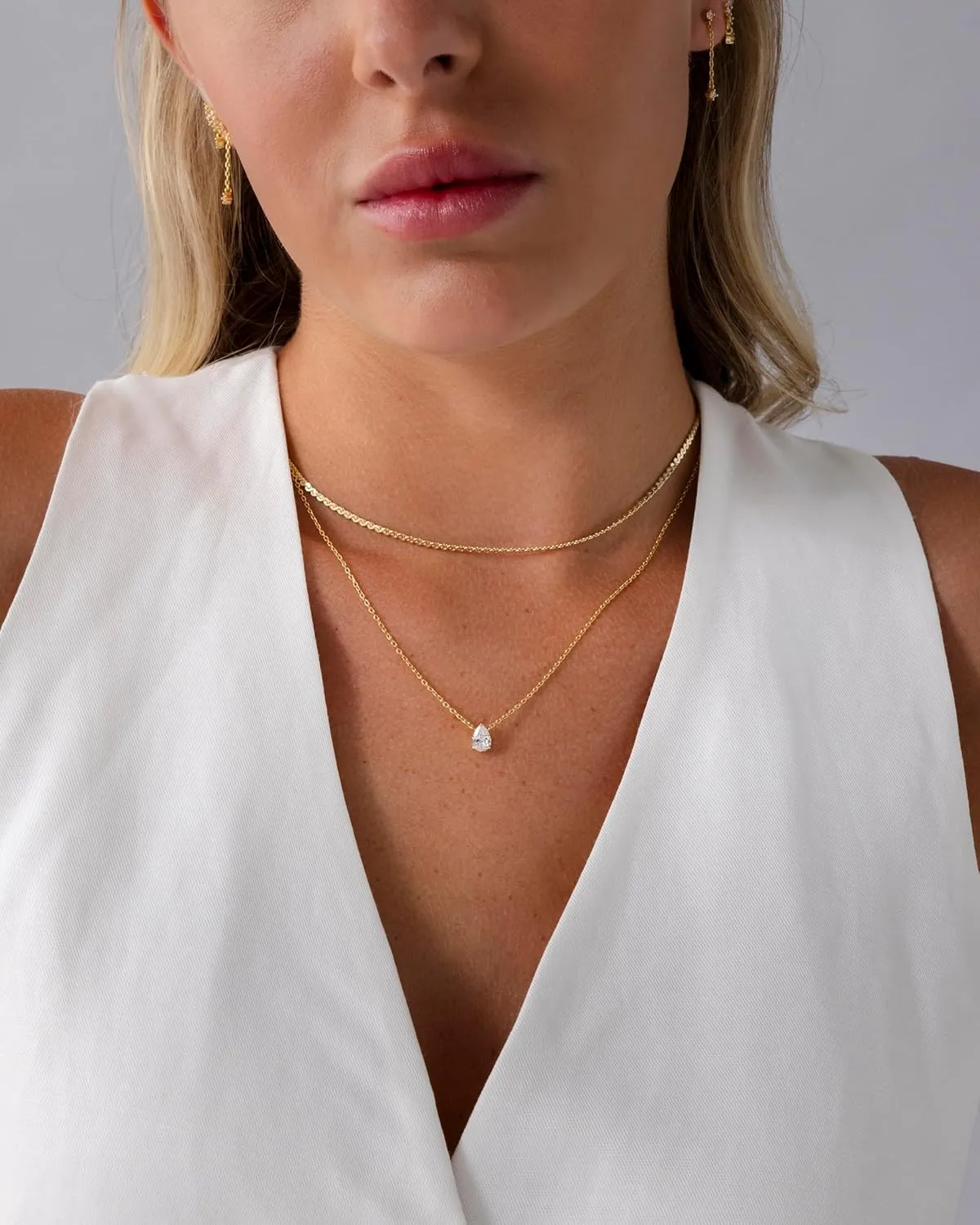 PAVOI 14K Gold Plated Twisted Singapore Chain Layering Choker with Round Solitaire and Serpentine Chain Layering Choker with Pear-Cut Stone Pendant Necklace Pack for Women | Cubic Zirconia Statement Layered Necklace Set