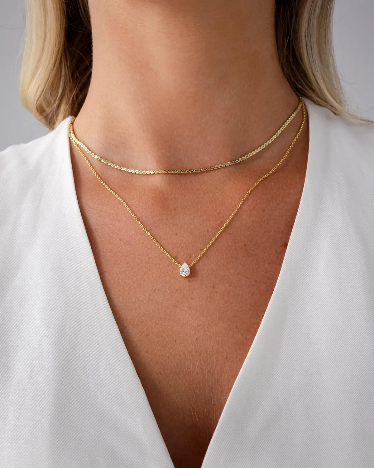 PAVOI 14K Gold Plated Twisted Singapore Chain Layering Choker with Round Solitaire and Serpentine Chain Layering Choker with Pear-Cut Stone Pendant Necklace Pack for Women | Cubic Zirconia Statement Layered Necklace Set
