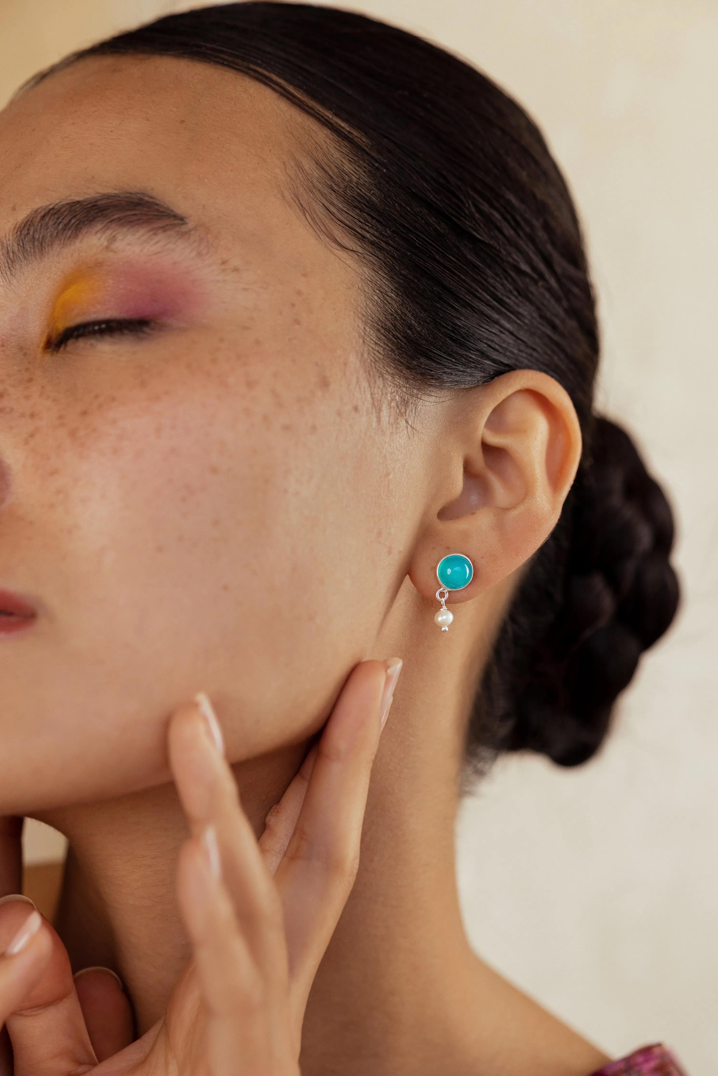 Pearl Drop Earrings Silver -Aqua Chalcedony