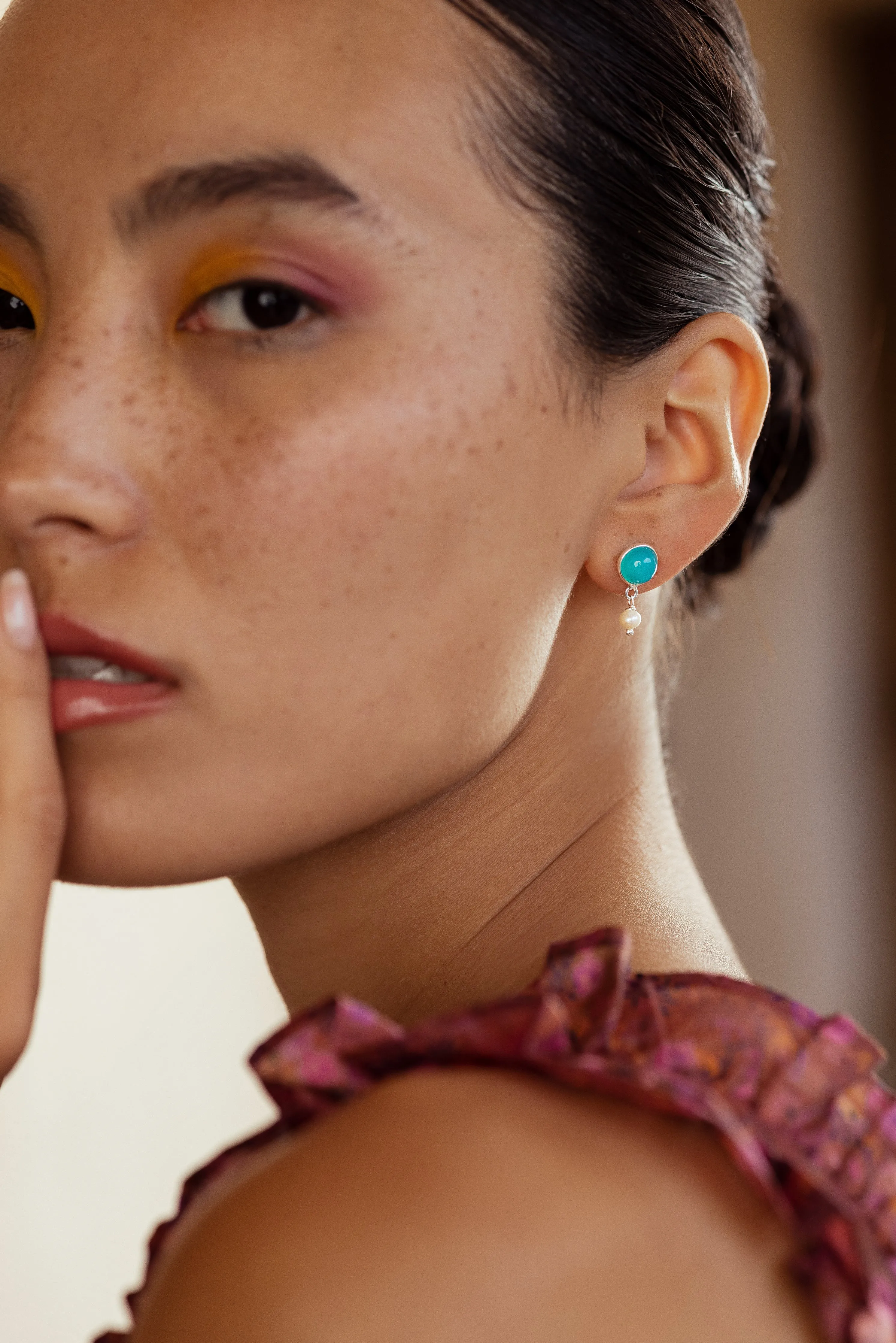 Pearl Drop Earrings Silver -Aqua Chalcedony