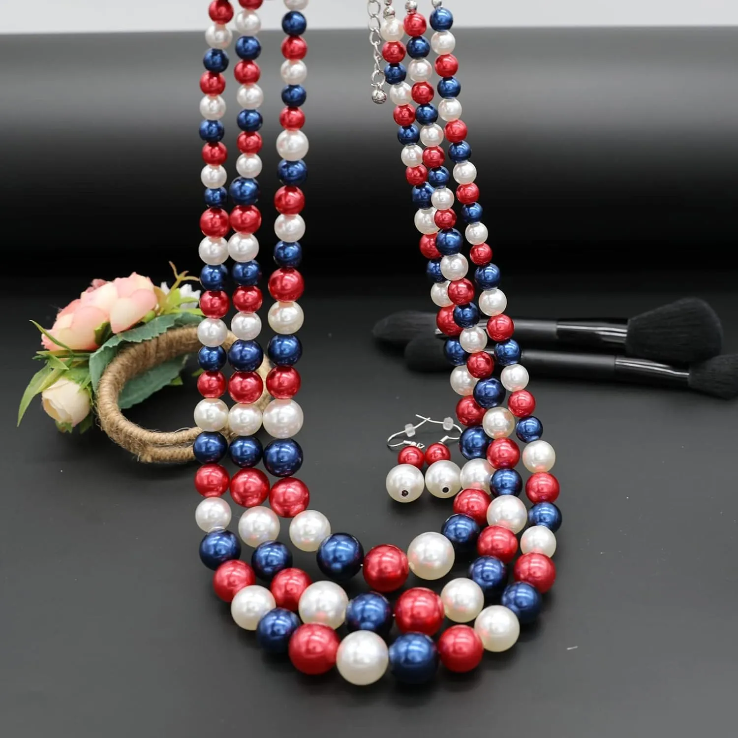 Pearl Necklace for Women 3 strand Pearl Necklaces Faux Pearl Necklace Earrings Set 1920s Flapper Gatsby Costume Accessories