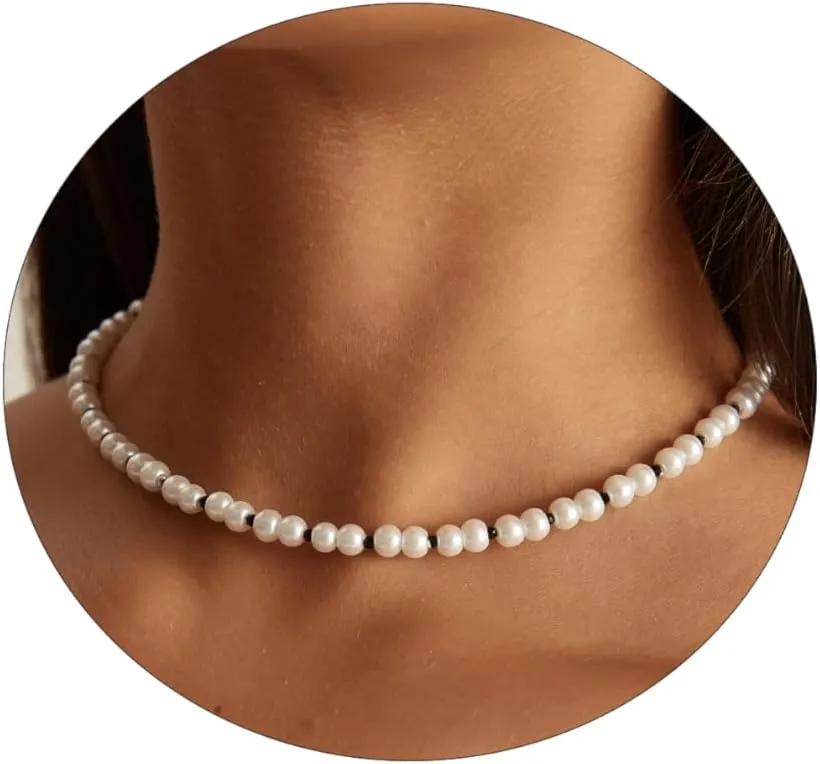Pearl Necklaces for Women, Dainty 6MM Round Imitation Pearl Choker Necklace Handmade Black Spinel Beaded Pearl Necklace Wedding Jewelry Gifts