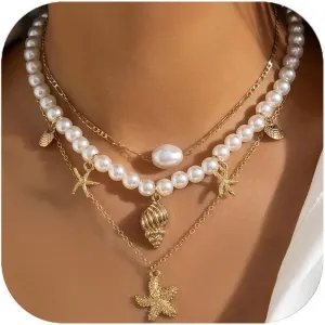 Pearl Shell Necklace for Women Beach Seashell Conch Necklace Starfish Pendant Necklace Boho Layered Necklace Summer Beach Jewelry Gifts for Women