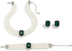 Pearls Layered Choker Necklaces Multilayer Faux Pearl Bracelet Crystal Earrings Jewelry Set 1920s Choker Necklace Bridal Wedding Party Jewelry