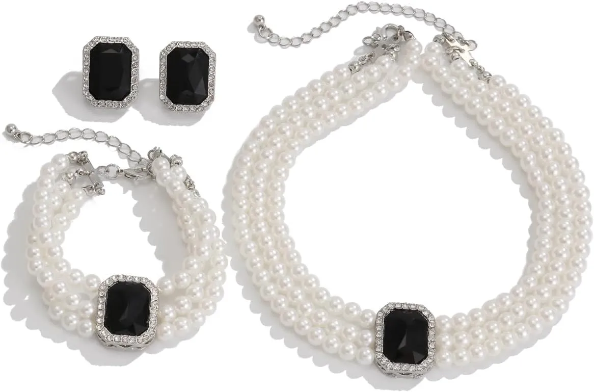 Pearls Layered Choker Necklaces Multilayer Faux Pearl Bracelet Crystal Earrings Jewelry Set 1920s Choker Necklace Bridal Wedding Party Jewelry