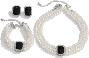 Pearls Layered Choker Necklaces Multilayer Faux Pearl Bracelet Crystal Earrings Jewelry Set 1920s Choker Necklace Bridal Wedding Party Jewelry