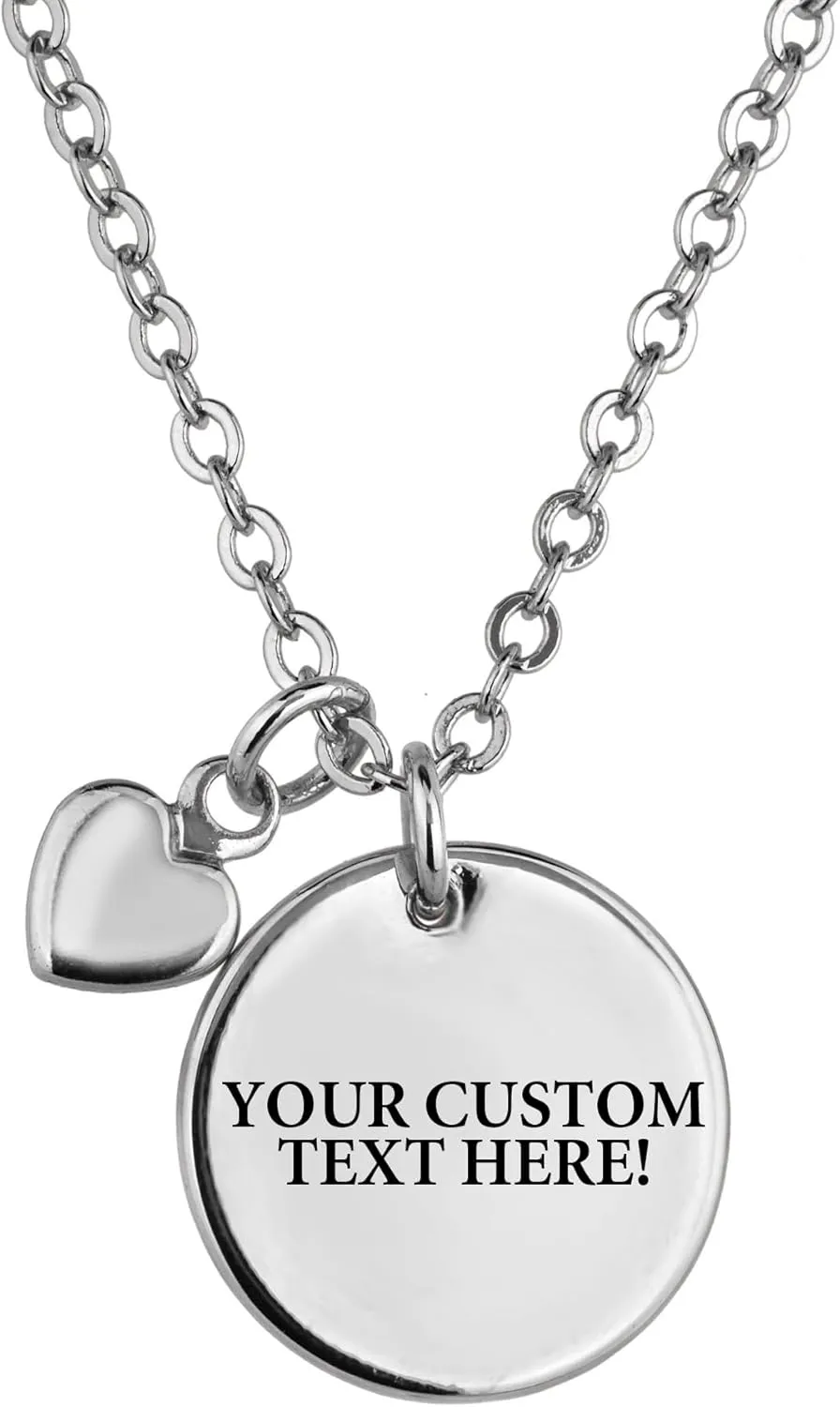 Personalized Disc Necklace, Custom Text Engraved Jewelry Gift for Women, Customized Name Coin Pendant with Heart Charm, Personalized Gifts for Mom, Bridesmaid, Christmas, Birthday