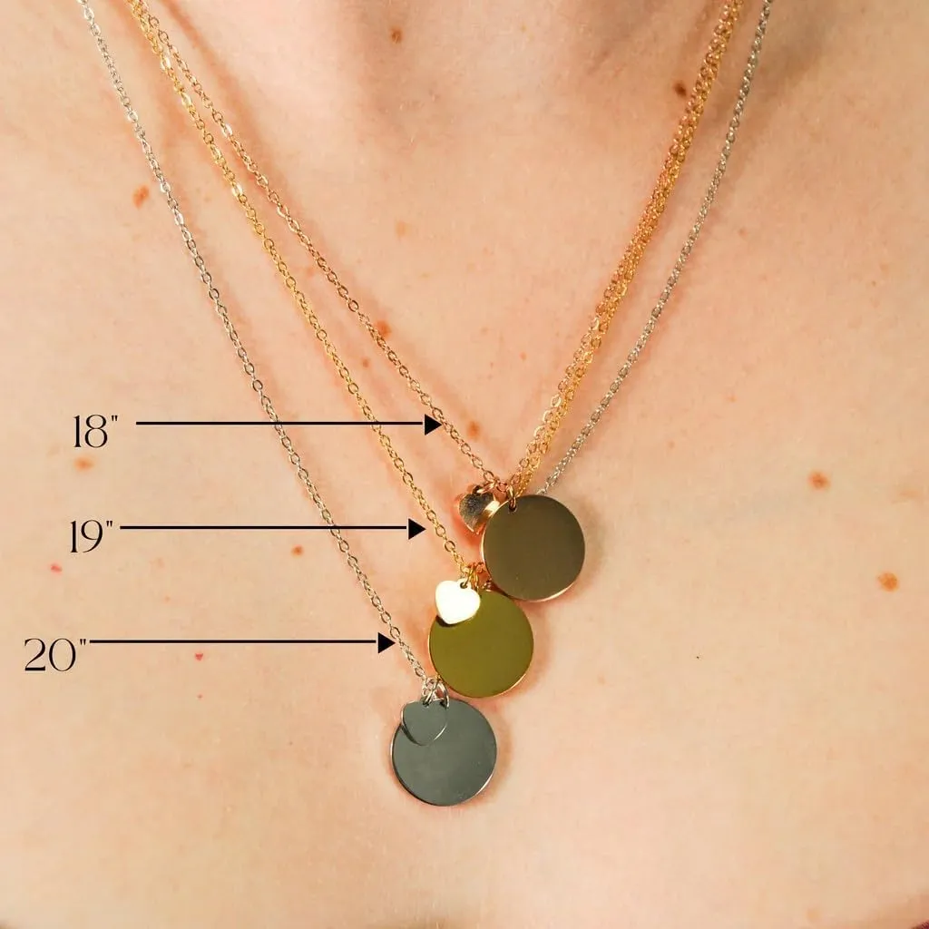 Personalized Disc Necklace, Custom Text Engraved Jewelry Gift for Women, Customized Name Coin Pendant with Heart Charm, Personalized Gifts for Mom, Bridesmaid, Christmas, Birthday