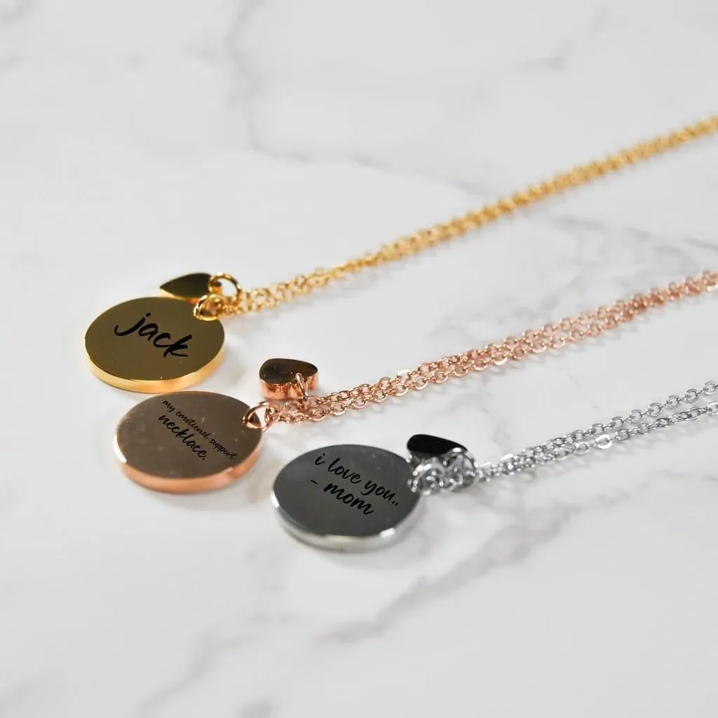Personalized Disc Necklace, Custom Text Engraved Jewelry Gift for Women, Customized Name Coin Pendant with Heart Charm, Personalized Gifts for Mom, Bridesmaid, Christmas, Birthday