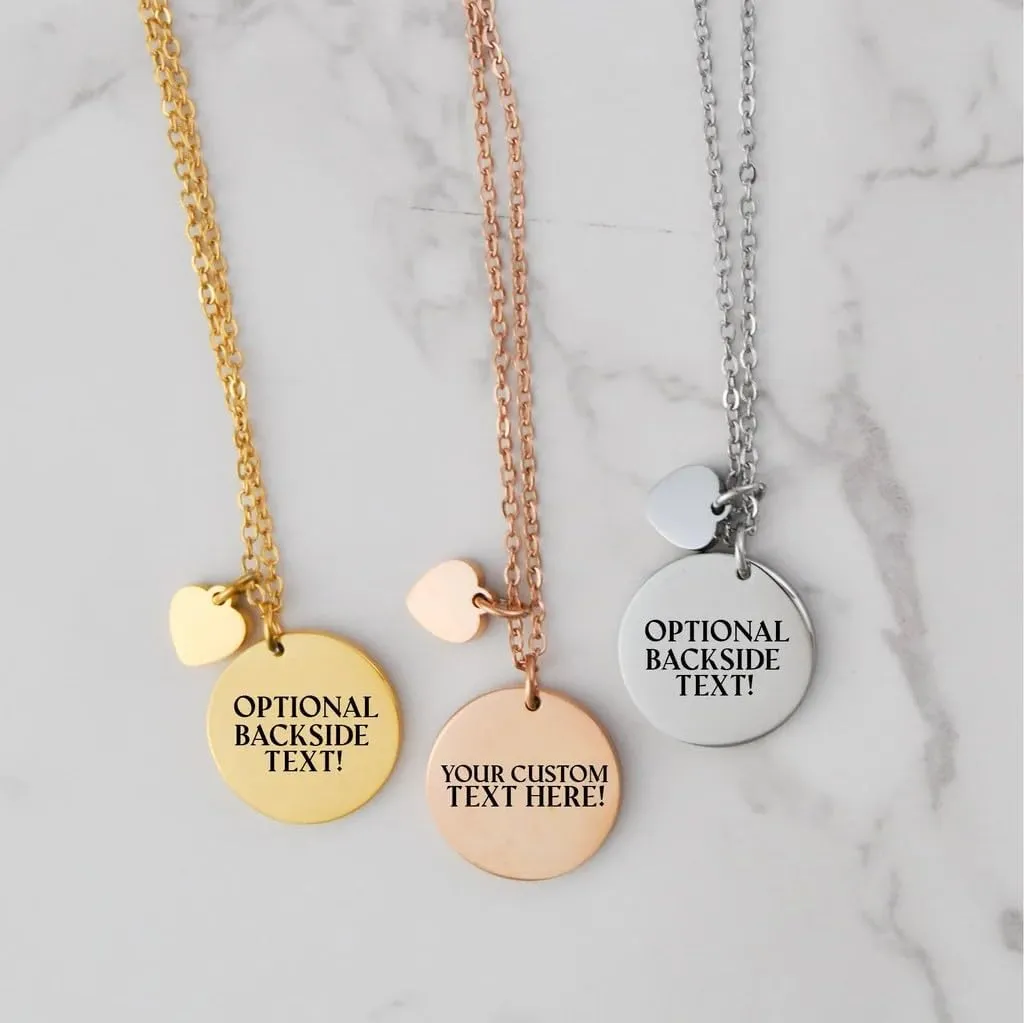 Personalized Disc Necklace, Custom Text Engraved Jewelry Gift for Women, Customized Name Coin Pendant with Heart Charm, Personalized Gifts for Mom, Bridesmaid, Christmas, Birthday
