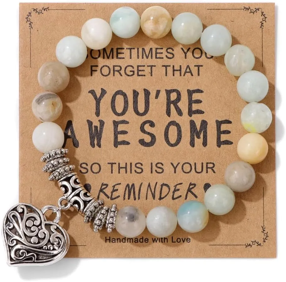 Pingyongchang Big Heart Youre Awesome Inspirational Natural Stone Beaded Bracelets for Women Mother's Day Graduation Birthday Teacher Appreciation Gift for Mom Grandma Daughter Friend