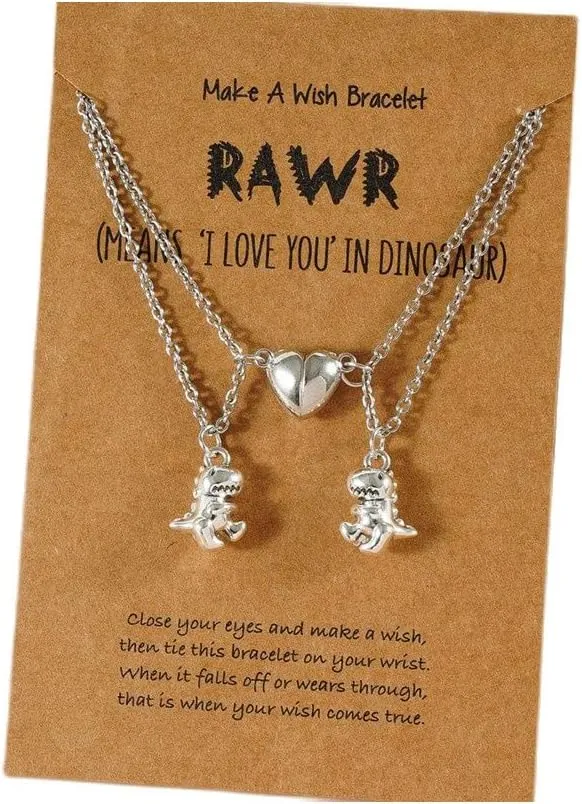 Pingyongchang Dinosaur Pendant Necklace Set Handmade Love Heart Dinosaur Couple Matching Pendant Necklace Set for Women Men Friend Adjustable Heart Animal Necklace Friendship Jewelry