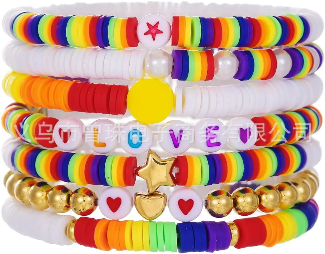 Pingyongchang LGBT Rainbow Bracelets Gift for Women Men Stackable Clay Bead Surfer Heishi Stretch Bracelets Bangle Set Elastic Layering Couple Love Valentine's day Friendship Summer Beach Jewelry