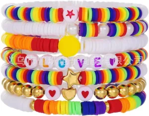 Pingyongchang LGBT Rainbow Bracelets Gift for Women Men Stackable Clay Bead Surfer Heishi Stretch Bracelets Bangle Set Elastic Layering Couple Love Valentine's day Friendship Summer Beach Jewelry