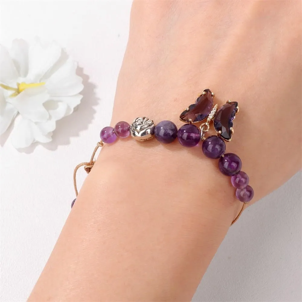 Pingyongchang Stress Relief Anxiety Yoga Bracelets,Healing Butterfly Crystal Stone Mantra Charm Bracelet for Women Girls Natural Beaded Birthday Gifts for Teen Adjustable Inspirational Bracelet