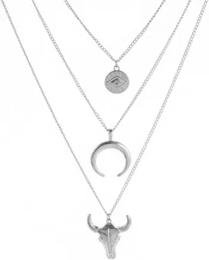 Pingyongchang Western Evil Eye Bull Head Crescent Moon Layered Necklace Boho Cowboy Cowgirl Geometric Pendant Chain Necklace Jewelry Gifts for Women Girls