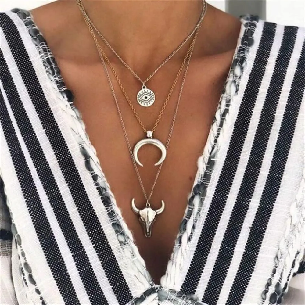 Pingyongchang Western Evil Eye Bull Head Crescent Moon Layered Necklace Boho Cowboy Cowgirl Geometric Pendant Chain Necklace Jewelry Gifts for Women Girls