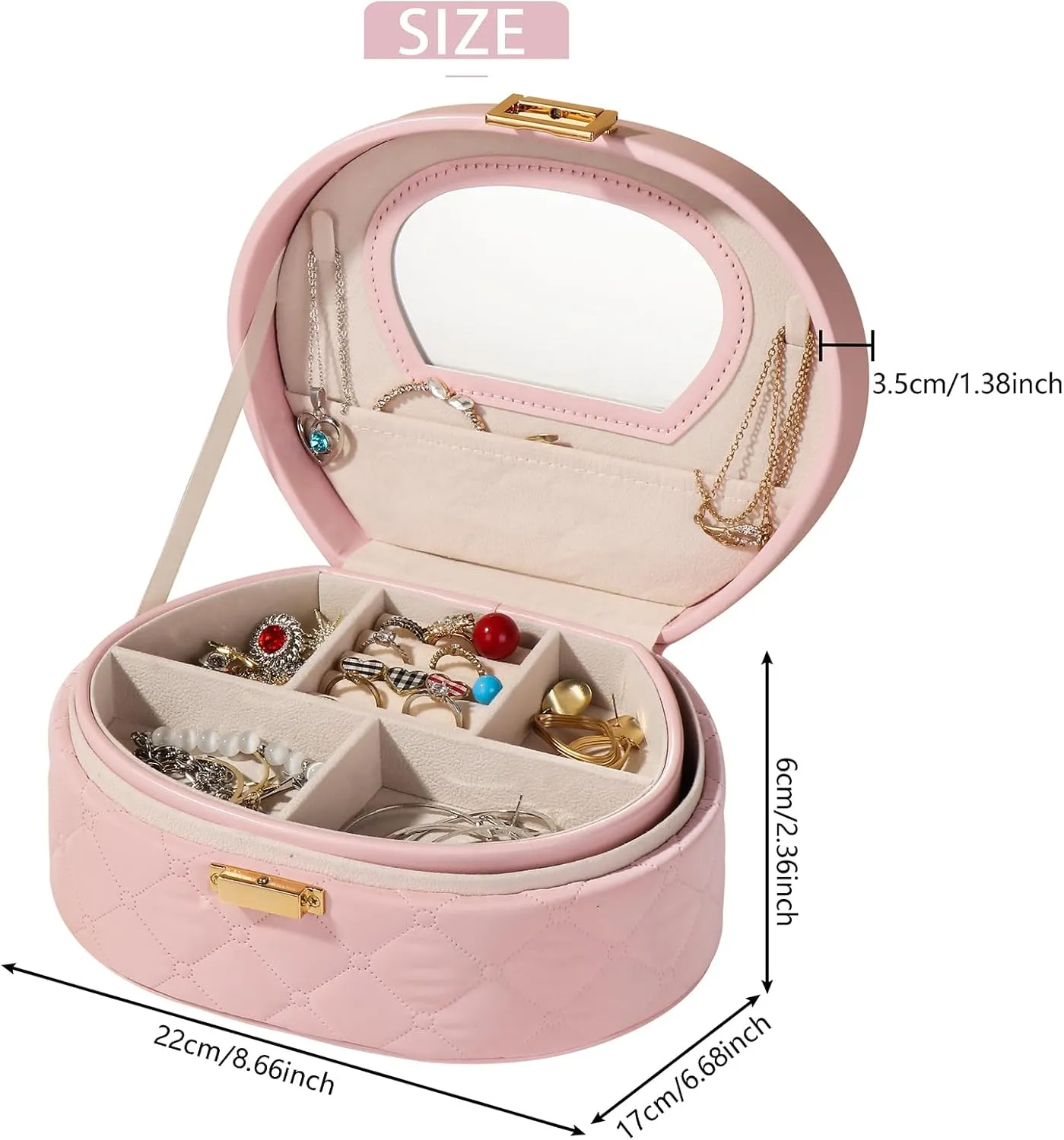 Pink Multi-tier Jewelry Box, Large Space with Mirror, PU Waterproof Surface Round Jewelry Organizer Earrings Stud Earrings Ring, Suitable for Girls Ladies Holiday Gift Travel Carrying