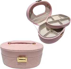 Pink Multi-tier Jewelry Box, Large Space with Mirror, PU Waterproof Surface Round Jewelry Organizer Earrings Stud Earrings Ring, Suitable for Girls Ladies Holiday Gift Travel Carrying