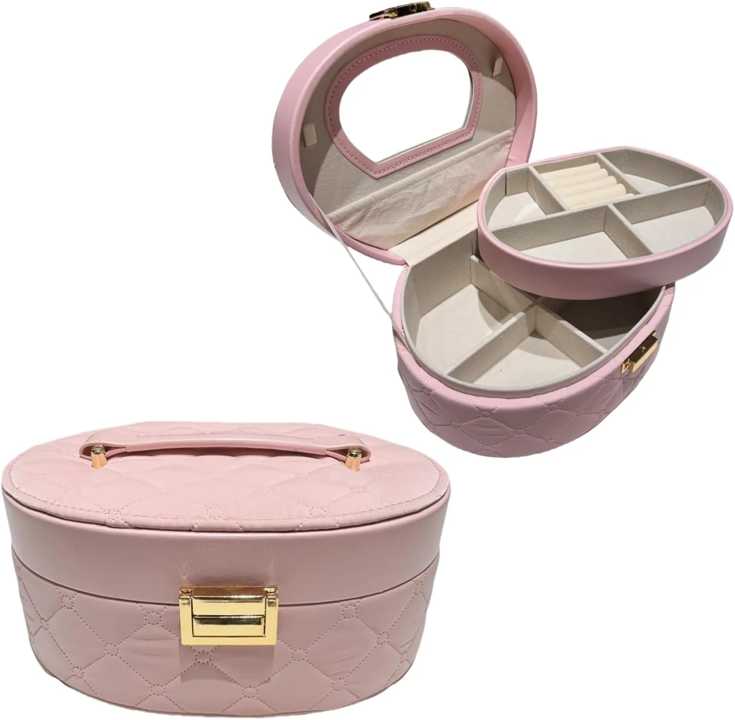 Pink Multi-tier Jewelry Box, Large Space with Mirror, PU Waterproof Surface Round Jewelry Organizer Earrings Stud Earrings Ring, Suitable for Girls Ladies Holiday Gift Travel Carrying