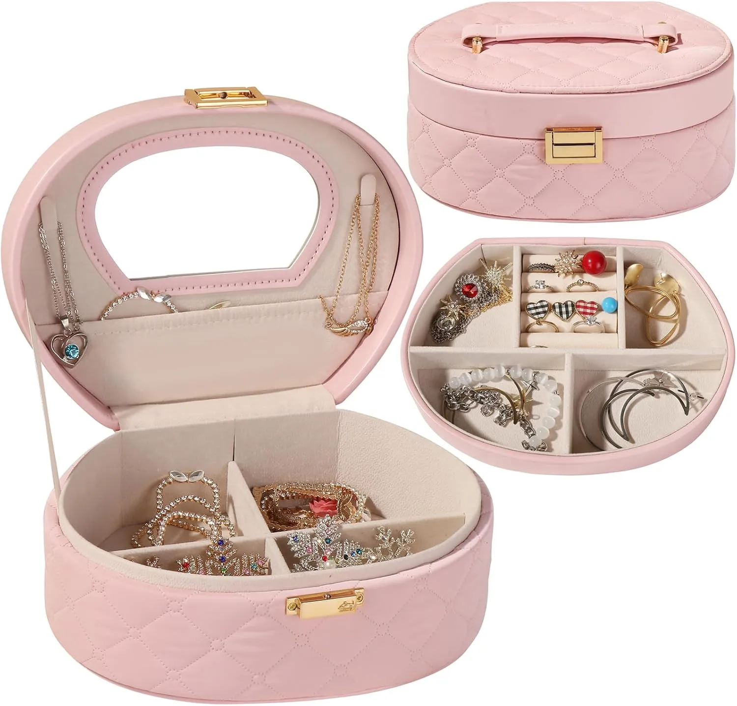 Pink Multi-tier Jewelry Box, Large Space with Mirror, PU Waterproof Surface Round Jewelry Organizer Earrings Stud Earrings Ring, Suitable for Girls Ladies Holiday Gift Travel Carrying