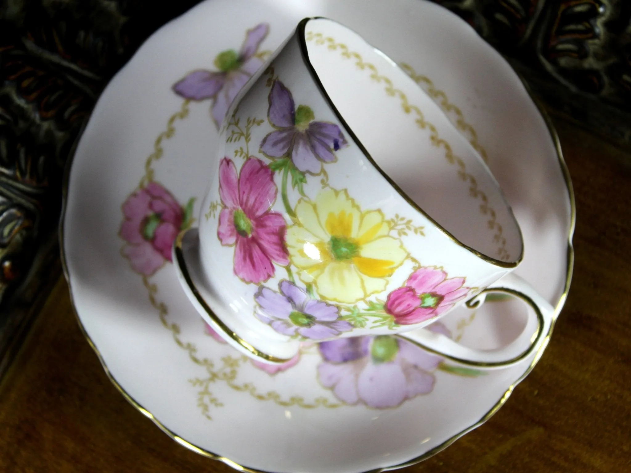 Pink Tuscan Teacup, Vintage Floral Tea Cup & Saucer England -J
