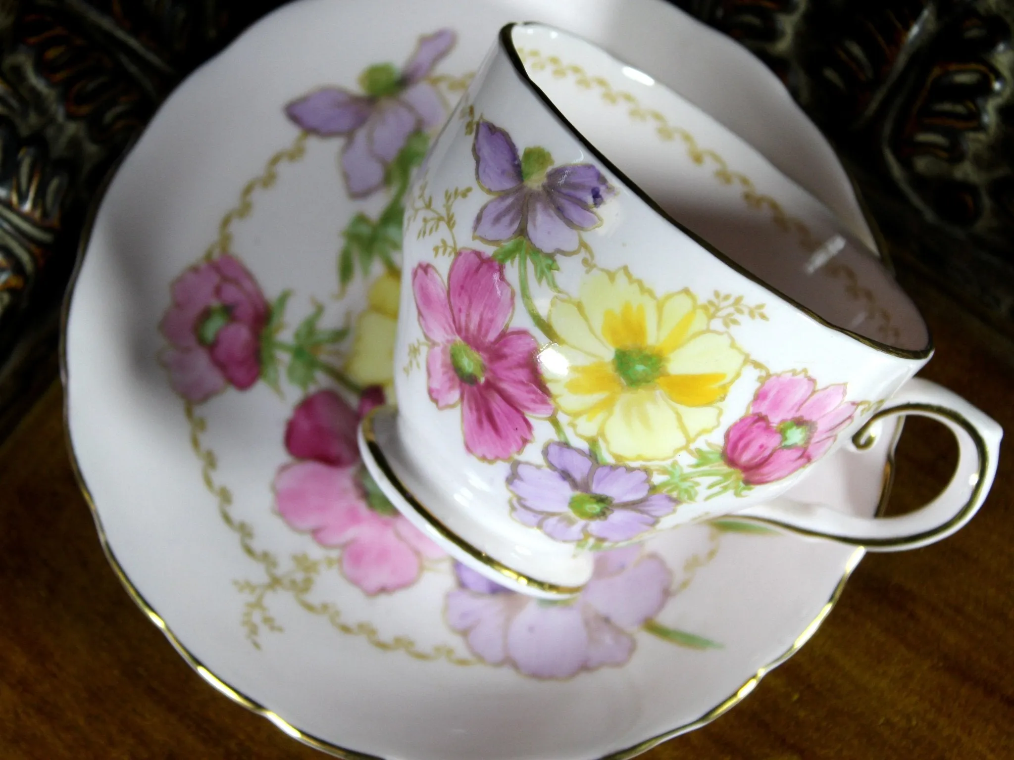 Pink Tuscan Teacup, Vintage Floral Tea Cup & Saucer England -J