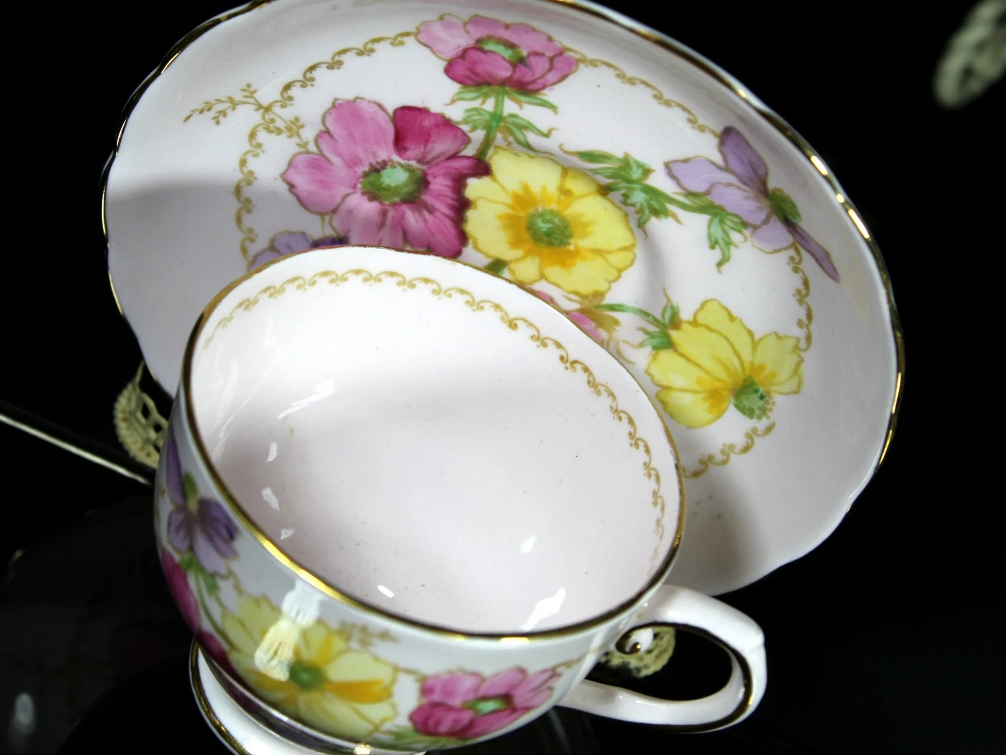 Pink Tuscan Teacup, Vintage Floral Tea Cup & Saucer England -J