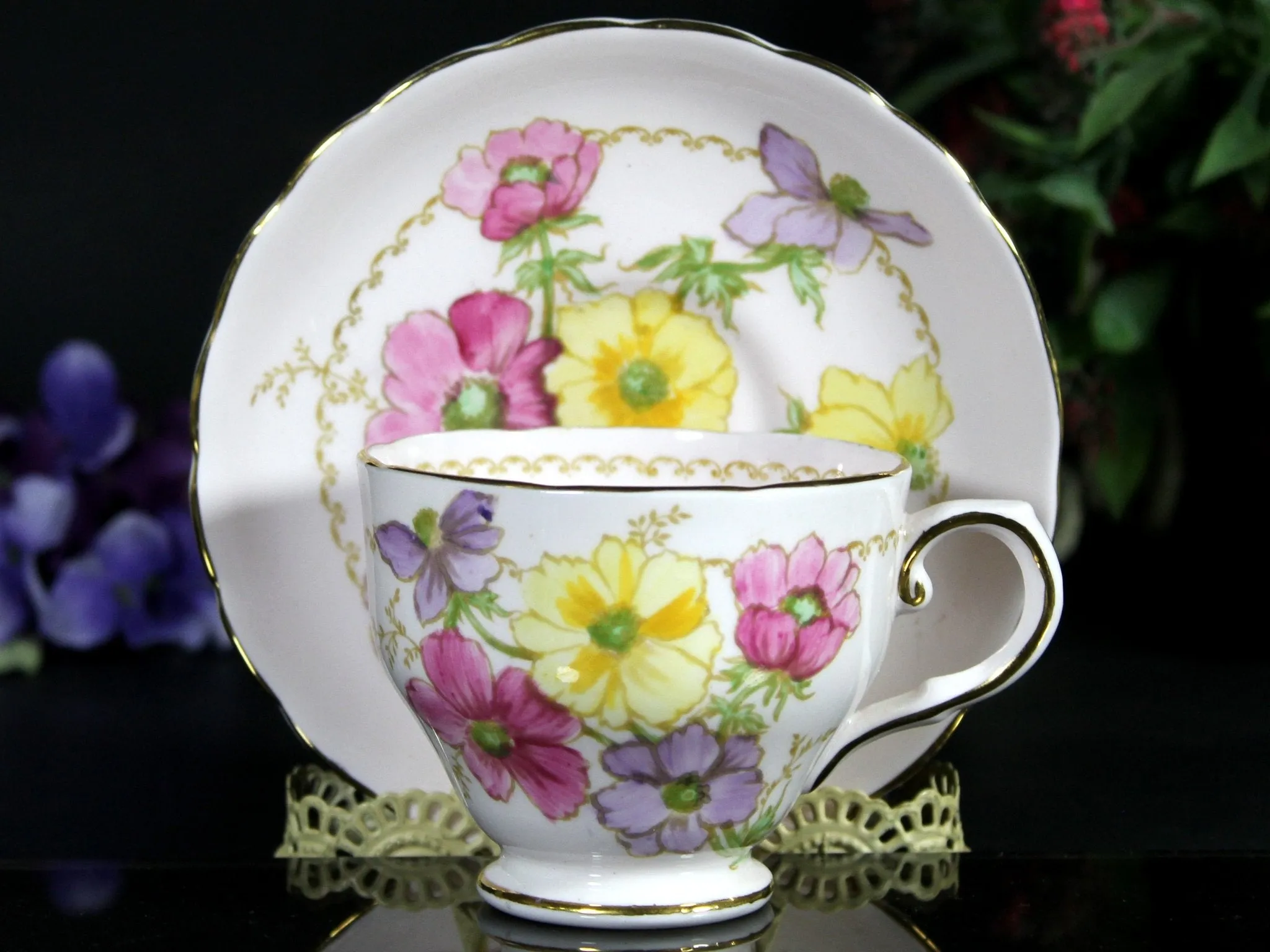 Pink Tuscan Teacup, Vintage Floral Tea Cup & Saucer England -J